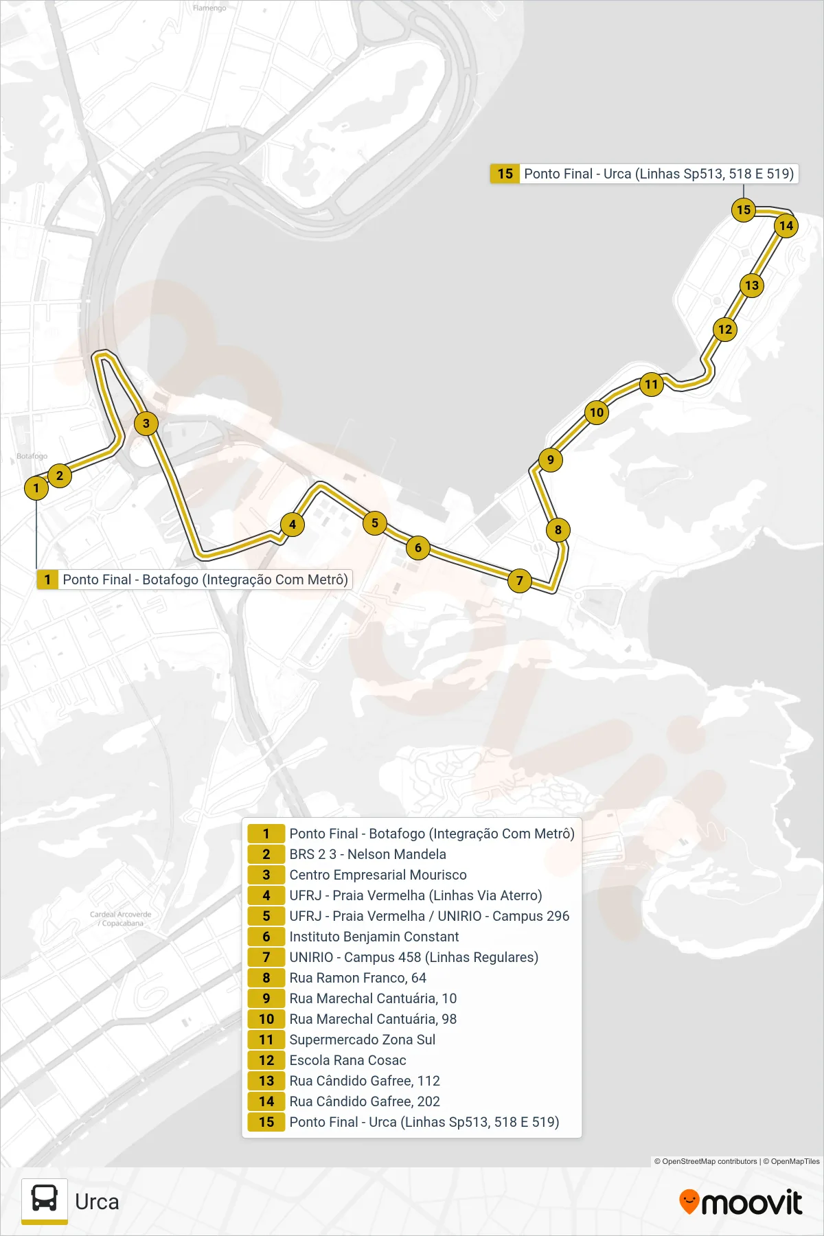 513 bus Line (Urca) route and stops on a map
