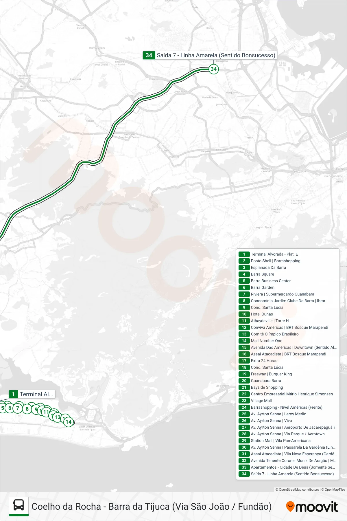 Rota e paradas da linha de ônibus 410T (Barra Da Tijuca → Saída 7) no mapa