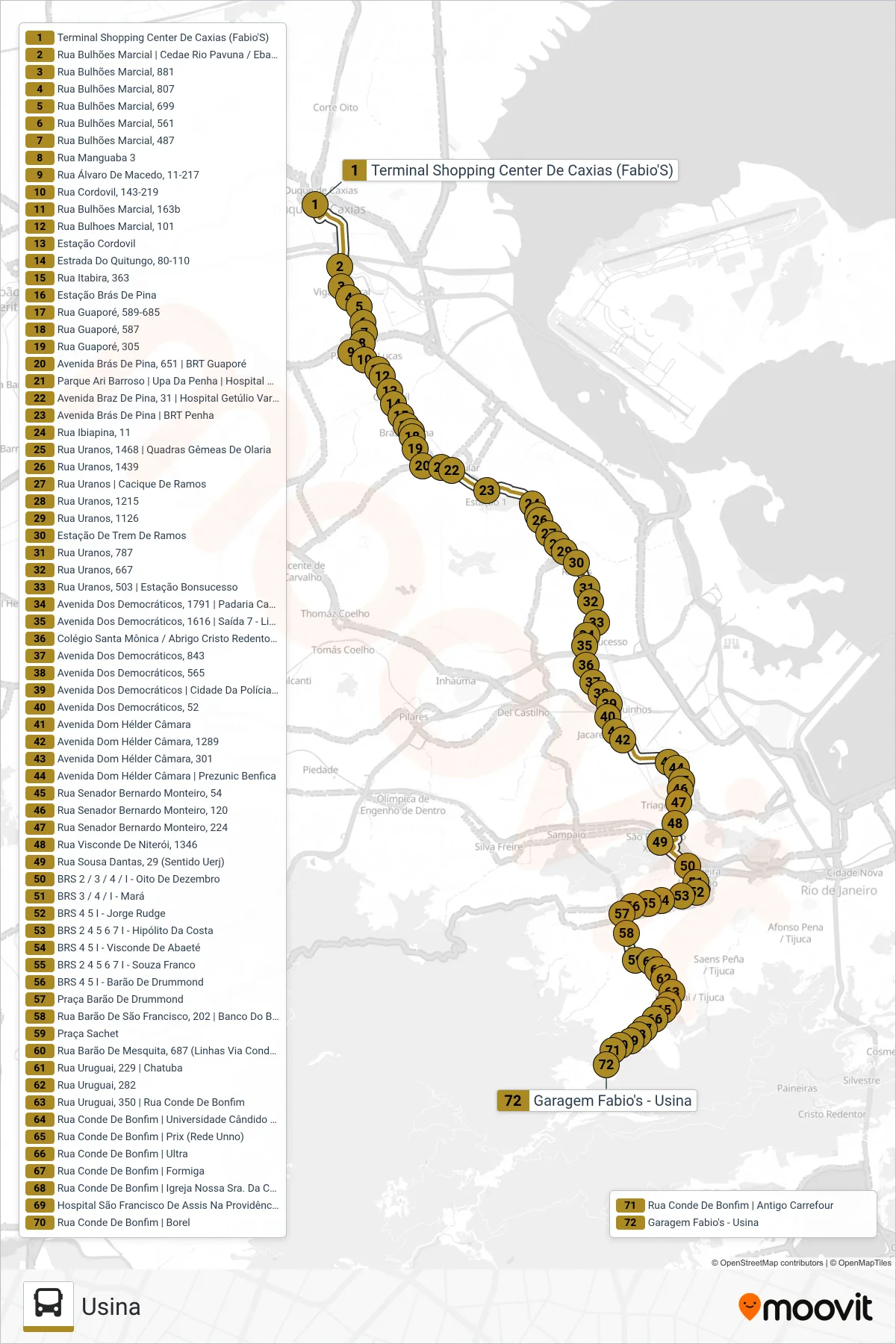 Rota e paradas da linha de ônibus 488L (Usina) no mapa