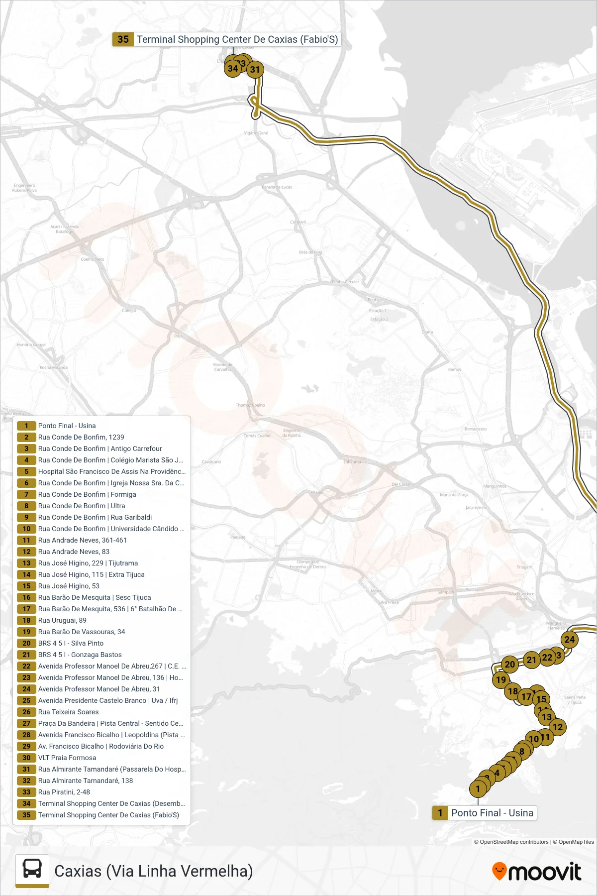 488L bus Line (Caxias (Via Linha Vermelha)) route and stops on a map