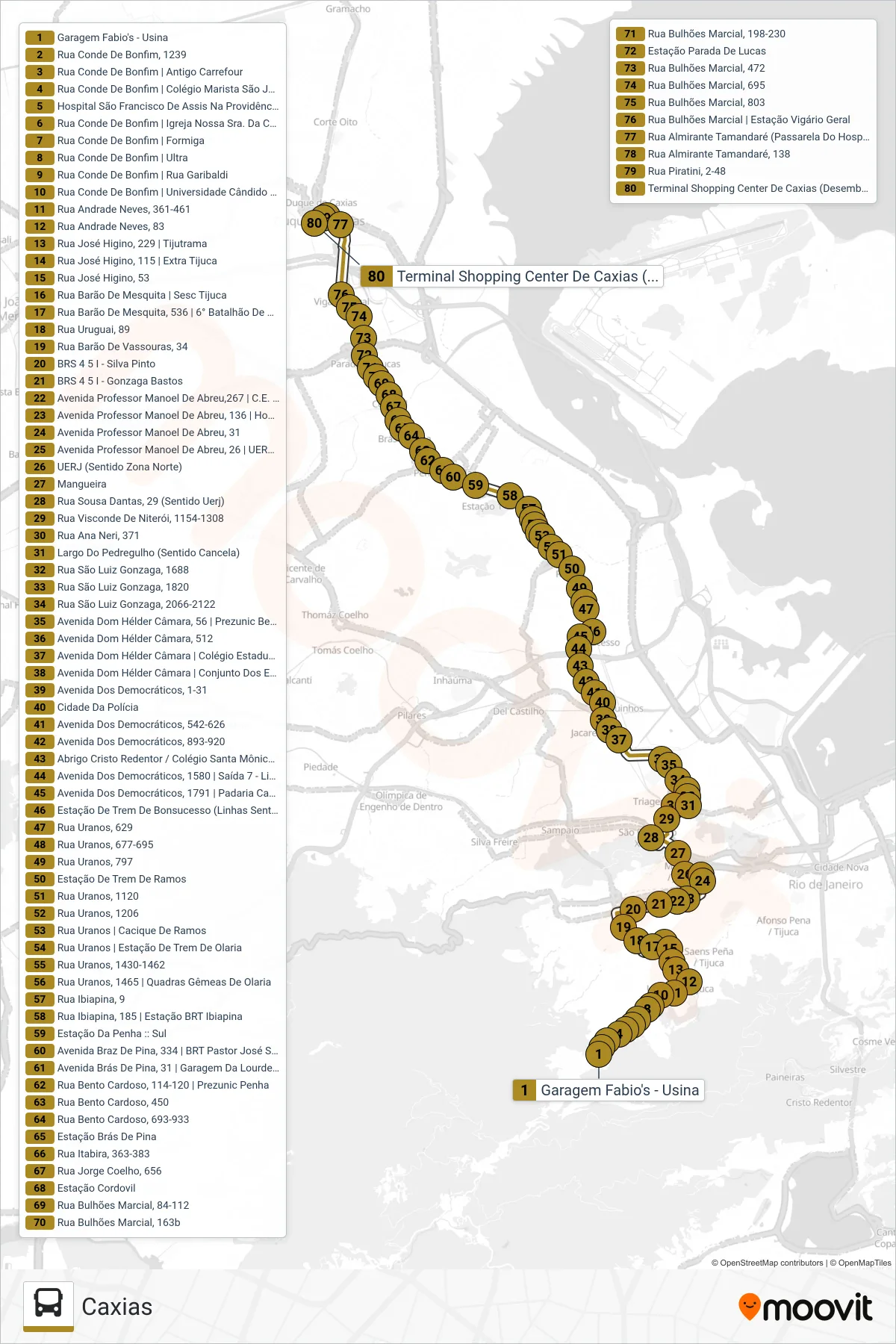 Rota e paradas da linha de ônibus 488L (Caxias) no mapa