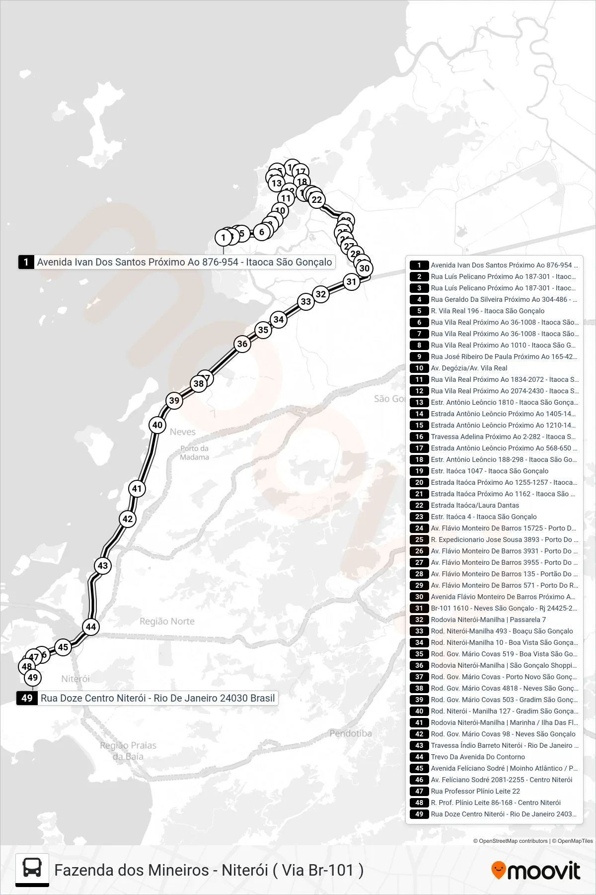 Rota e paradas da linha de ônibus 519M (Praia Da Luz X Niterói 1) no mapa
