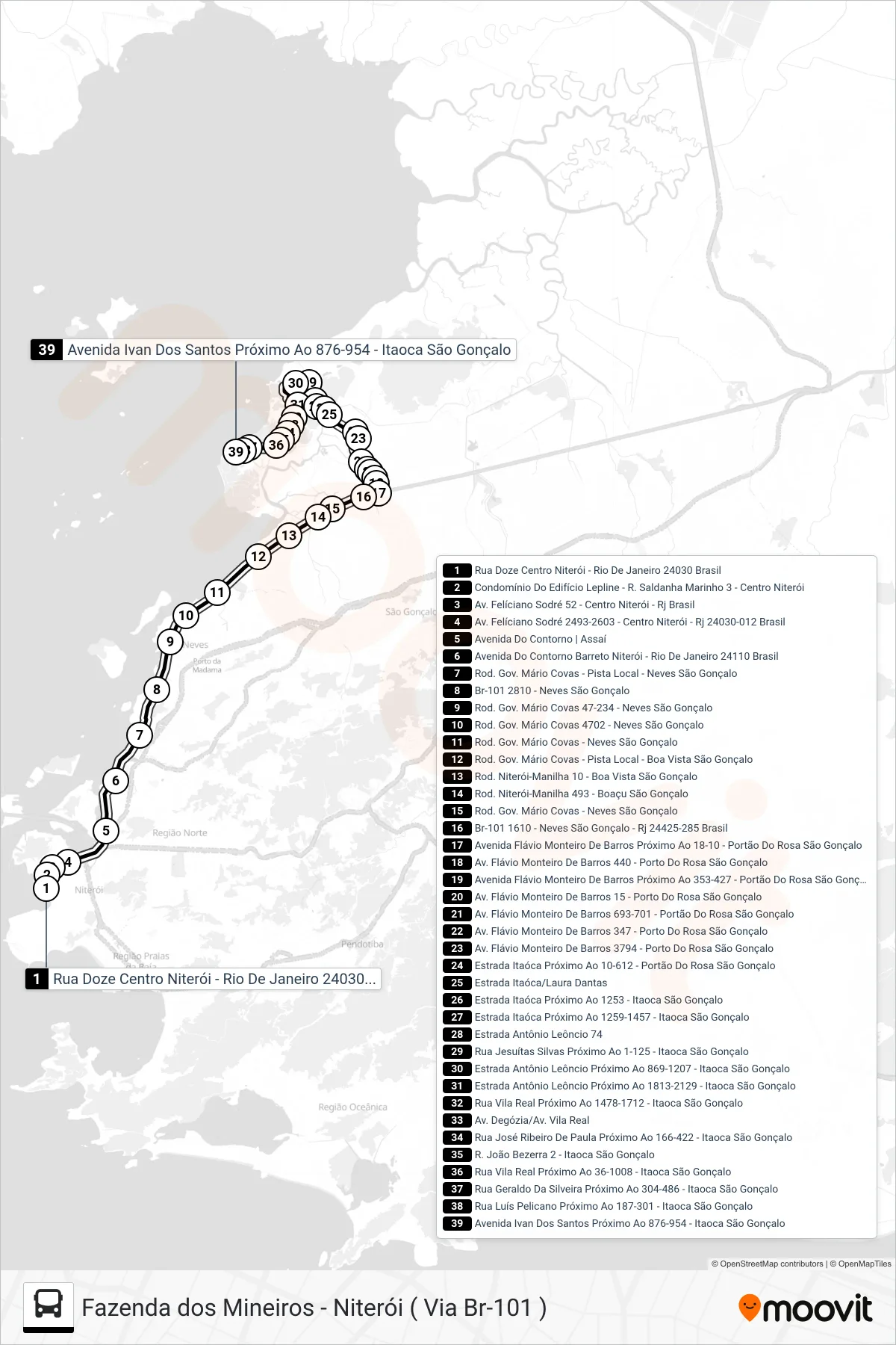 519M bus Line (Niterói X Praia Da Luz 2) route and stops on a map