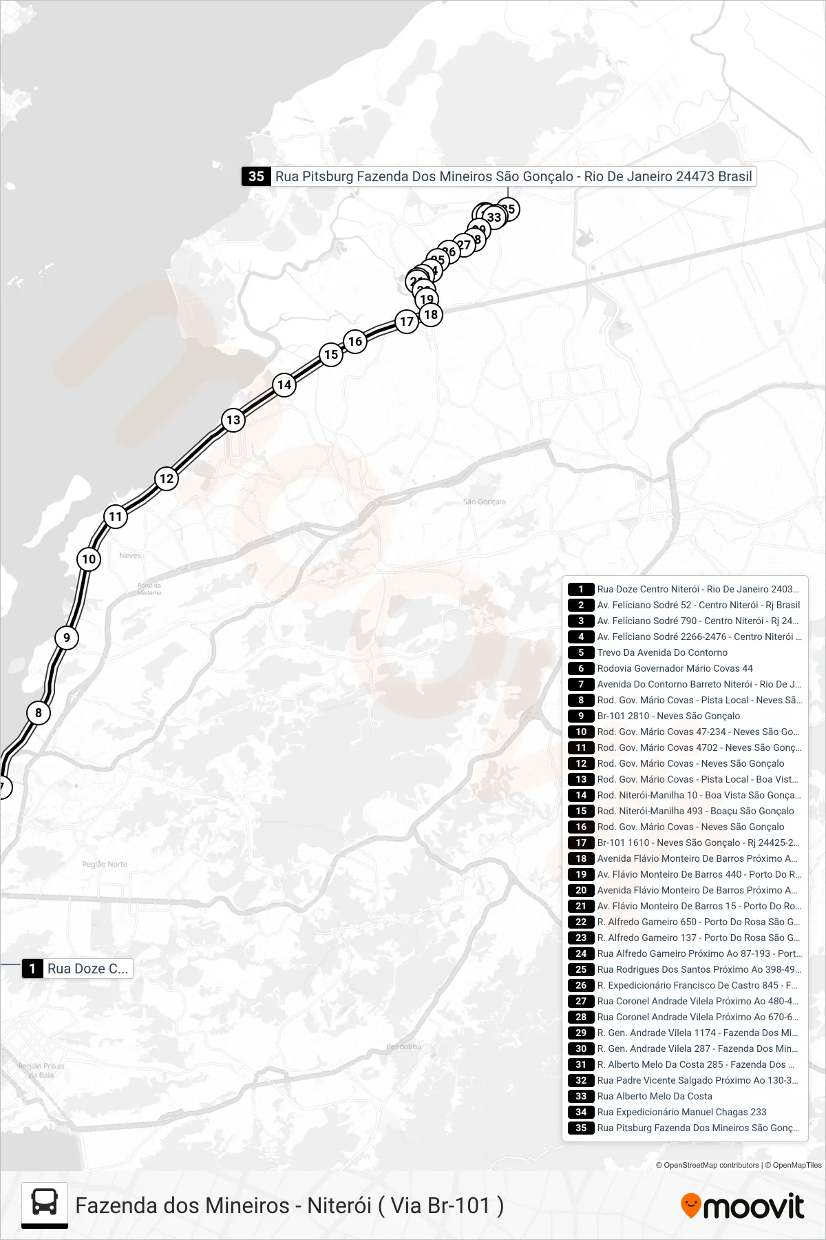 519M bus Line (Niterói X Fazenda) route and stops on a map