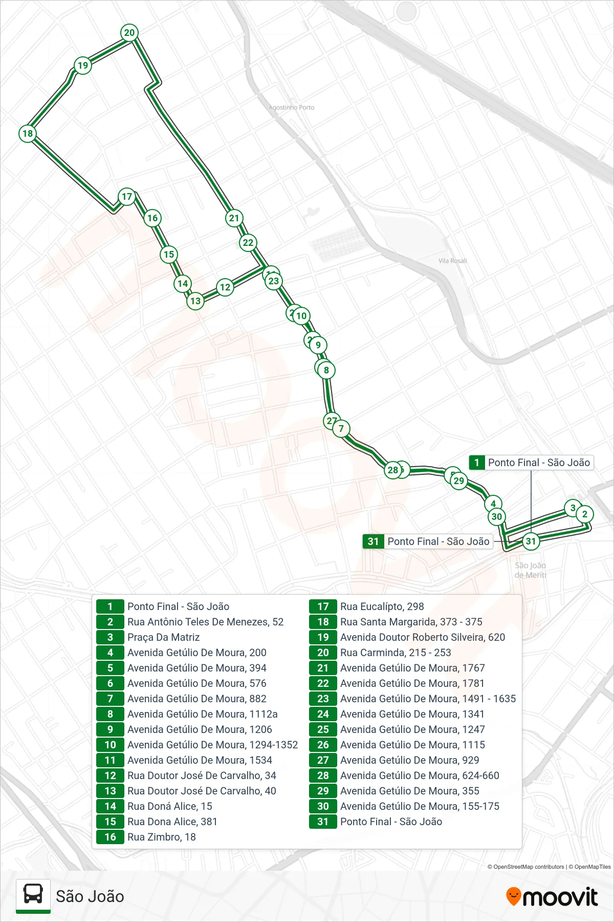 Rota e paradas da linha de ônibus 7011 (São João) no mapa