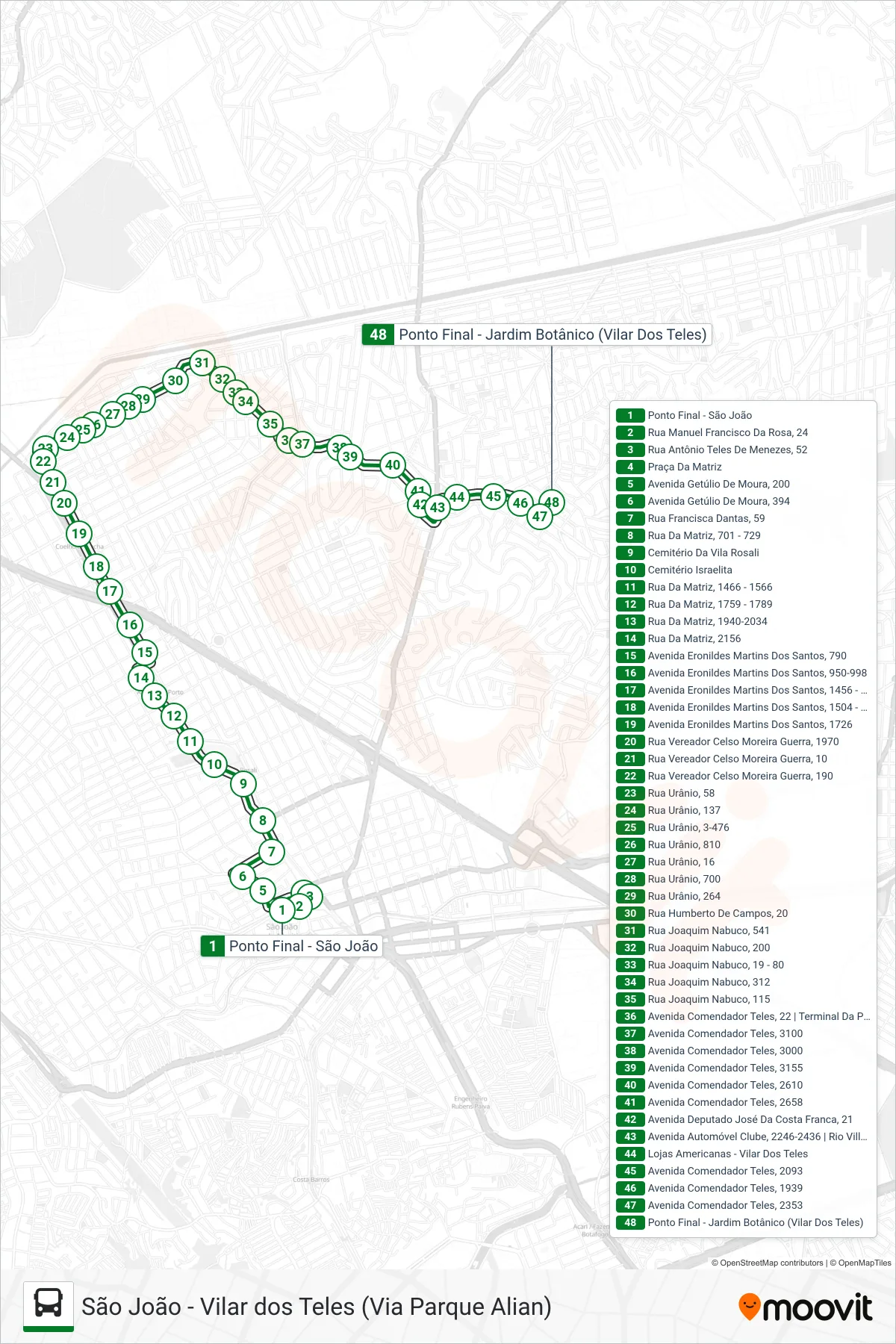 Rota e paradas da linha de ônibus 7003 (Vilar Dos Teles) no mapa