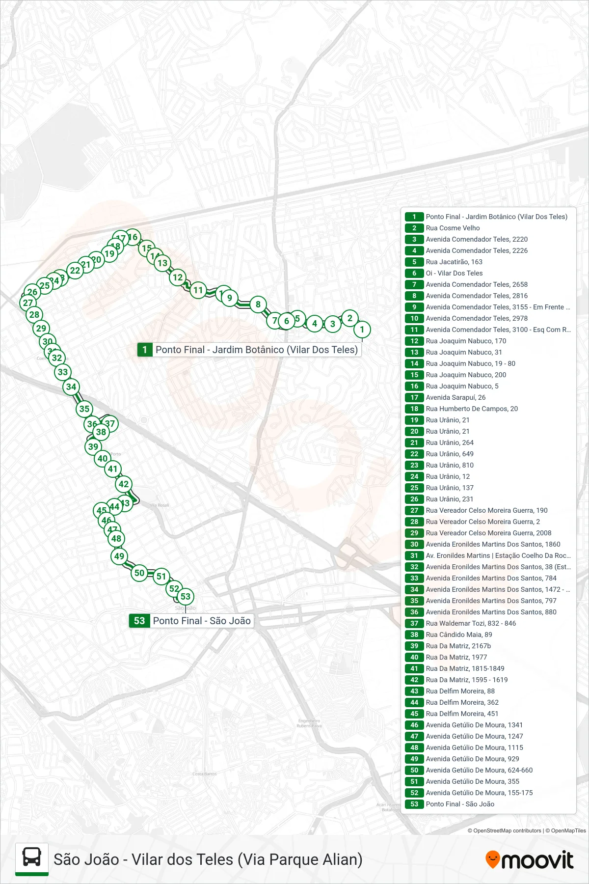 Rota e paradas da linha de ônibus 7003 (São João) no mapa
