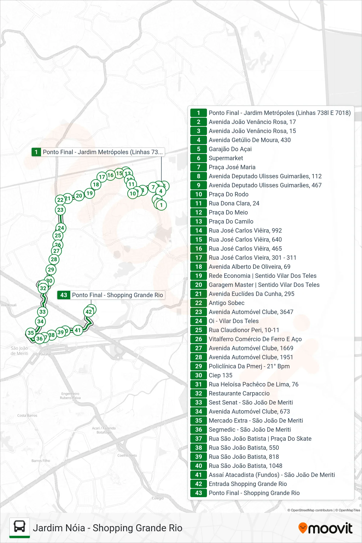 Rota e paradas da linha de ônibus 7018 (Shopping Grande Rio) no mapa