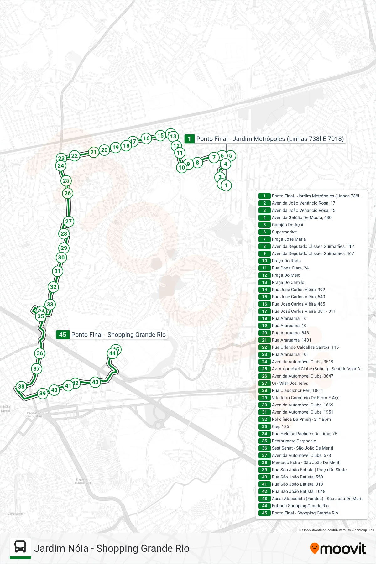7018 bus Line (Shopping Grande Rio (Via Rua Araruama)) route and stops on a map