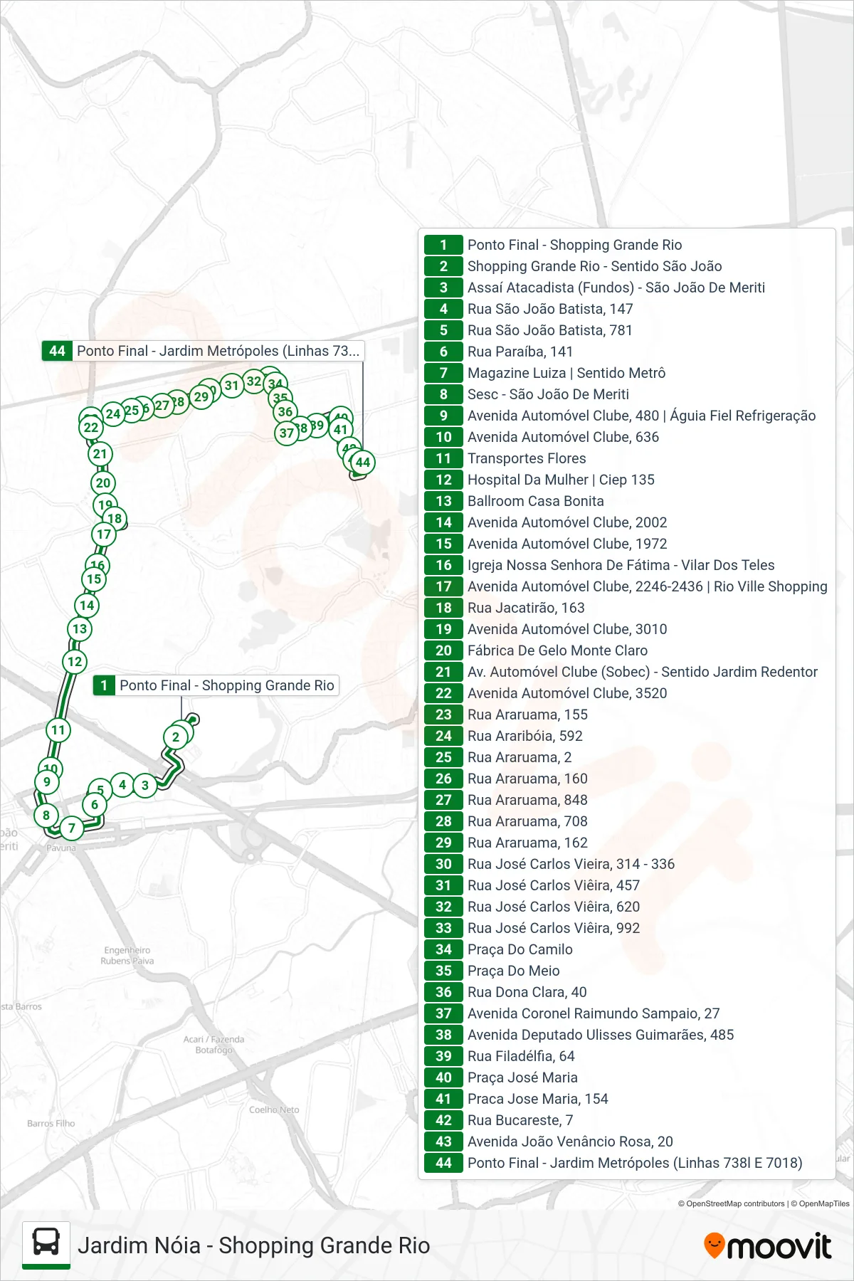 Rota e paradas da linha de ônibus 7018 (Jardim Nóia (Via Rua Araruama)) no mapa