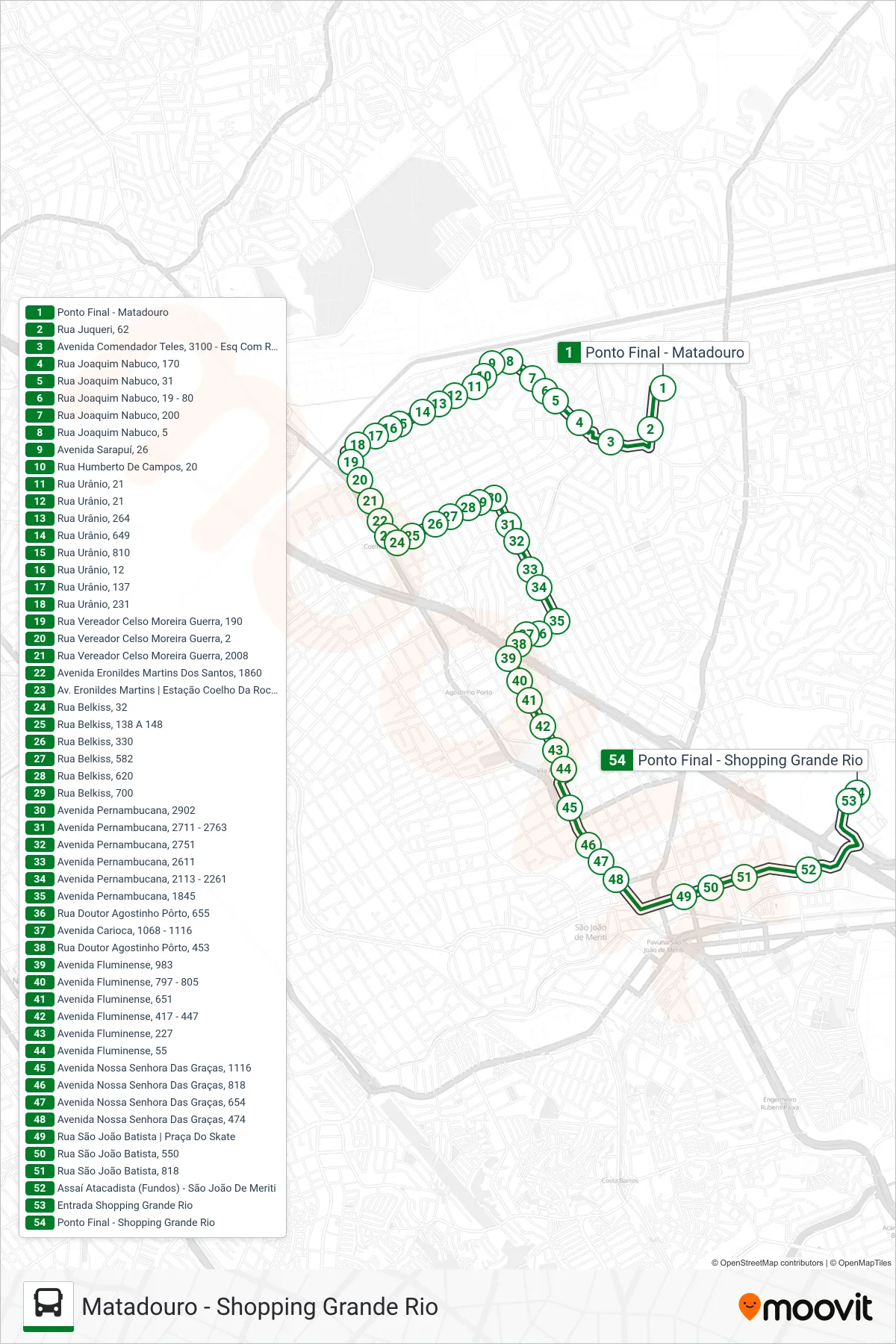 Rota e paradas da linha de ônibus 7004 (Shopping Grande Rio) no mapa
