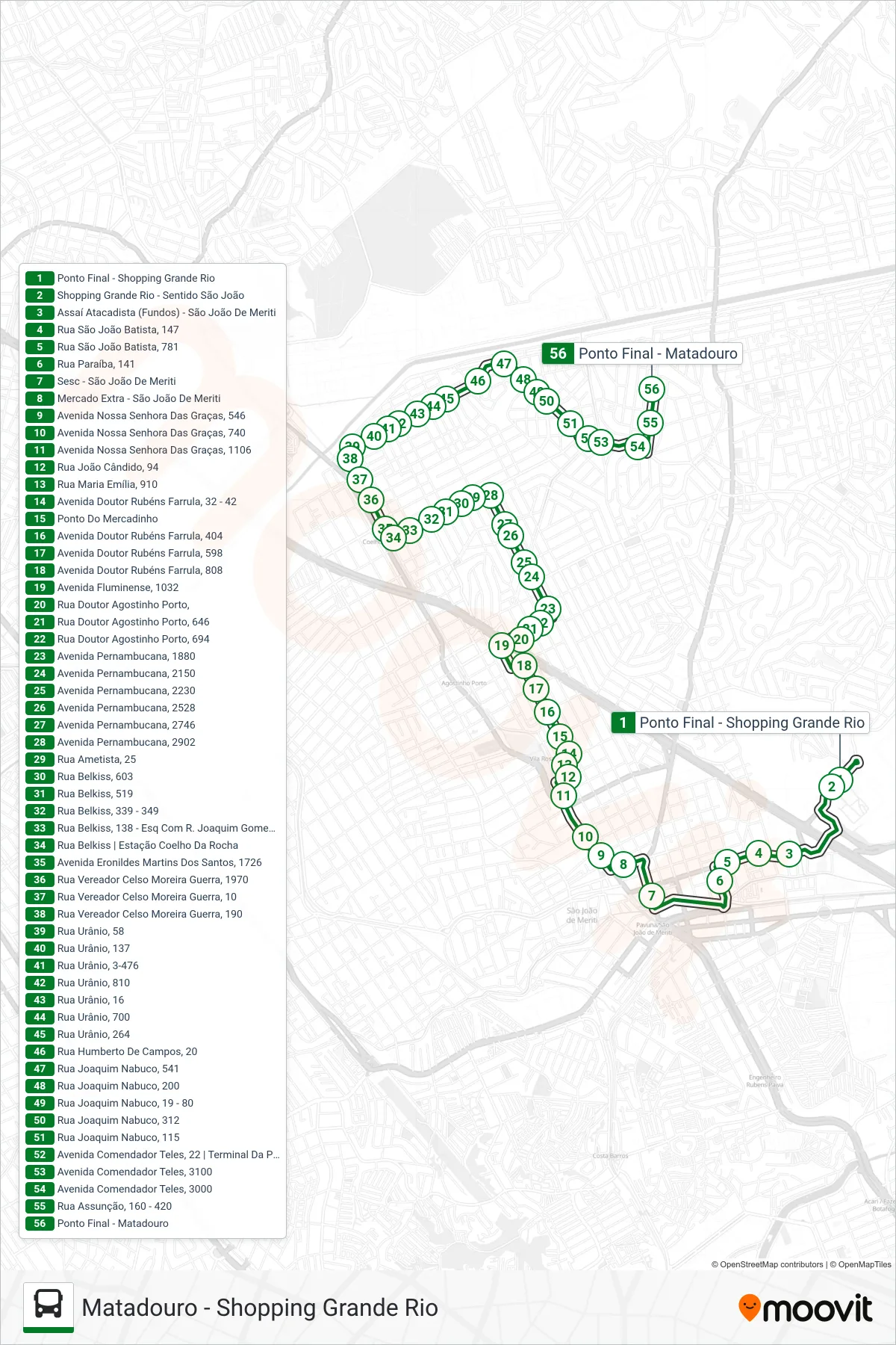 Rota e paradas da linha de ônibus 7004 (Matadouro) no mapa