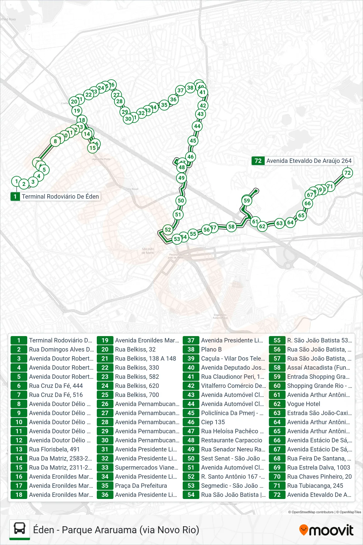 Rota e paradas da linha de ônibus 7001 (Parque Araruama) no mapa