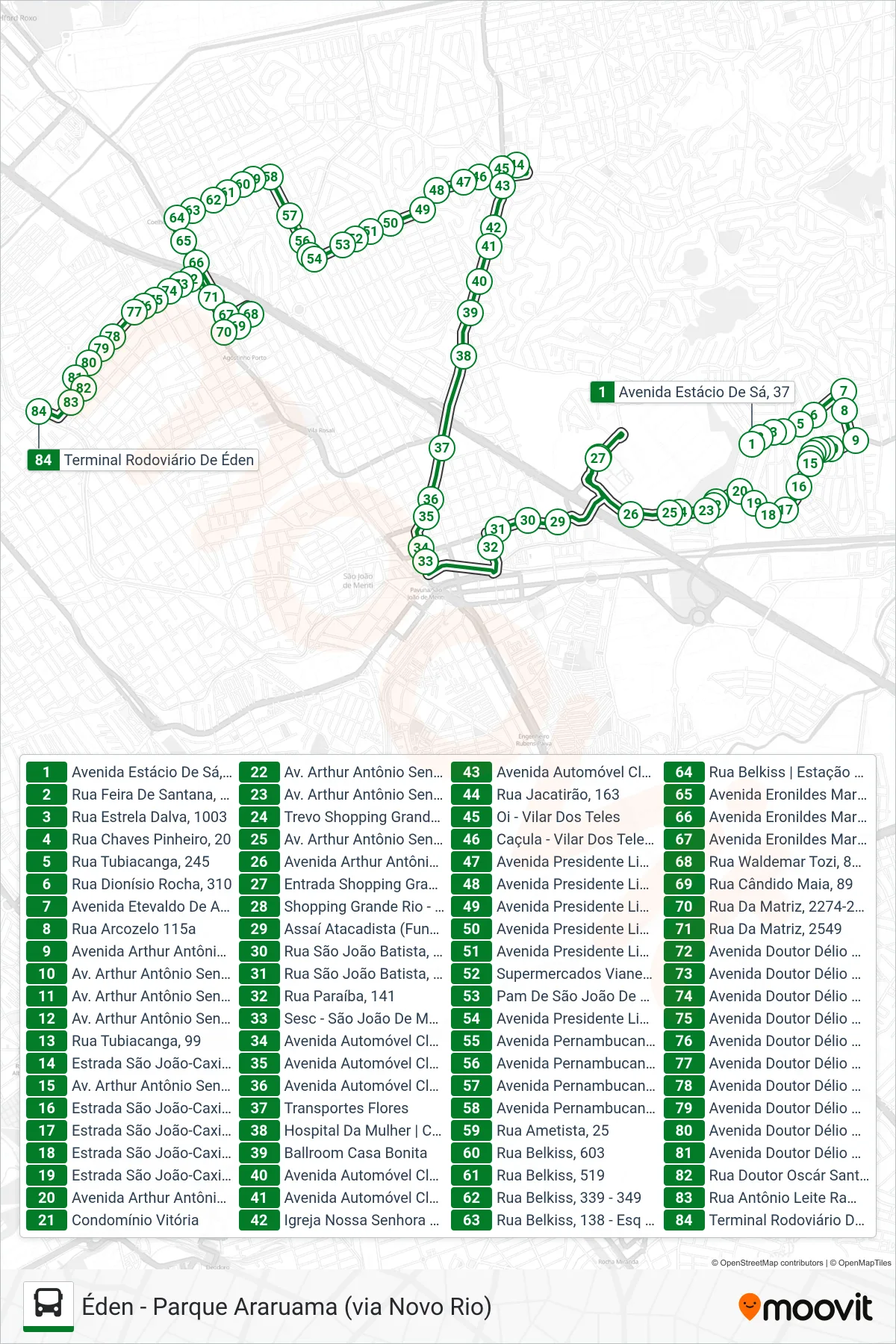 Rota e paradas da linha de ônibus 7001 (Éden) no mapa