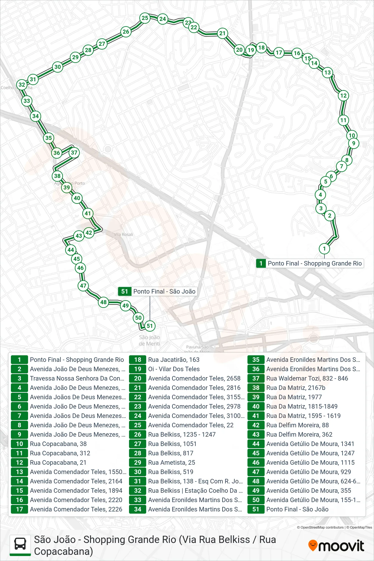 Rota e paradas da linha de ônibus 7002 (São João) no mapa
