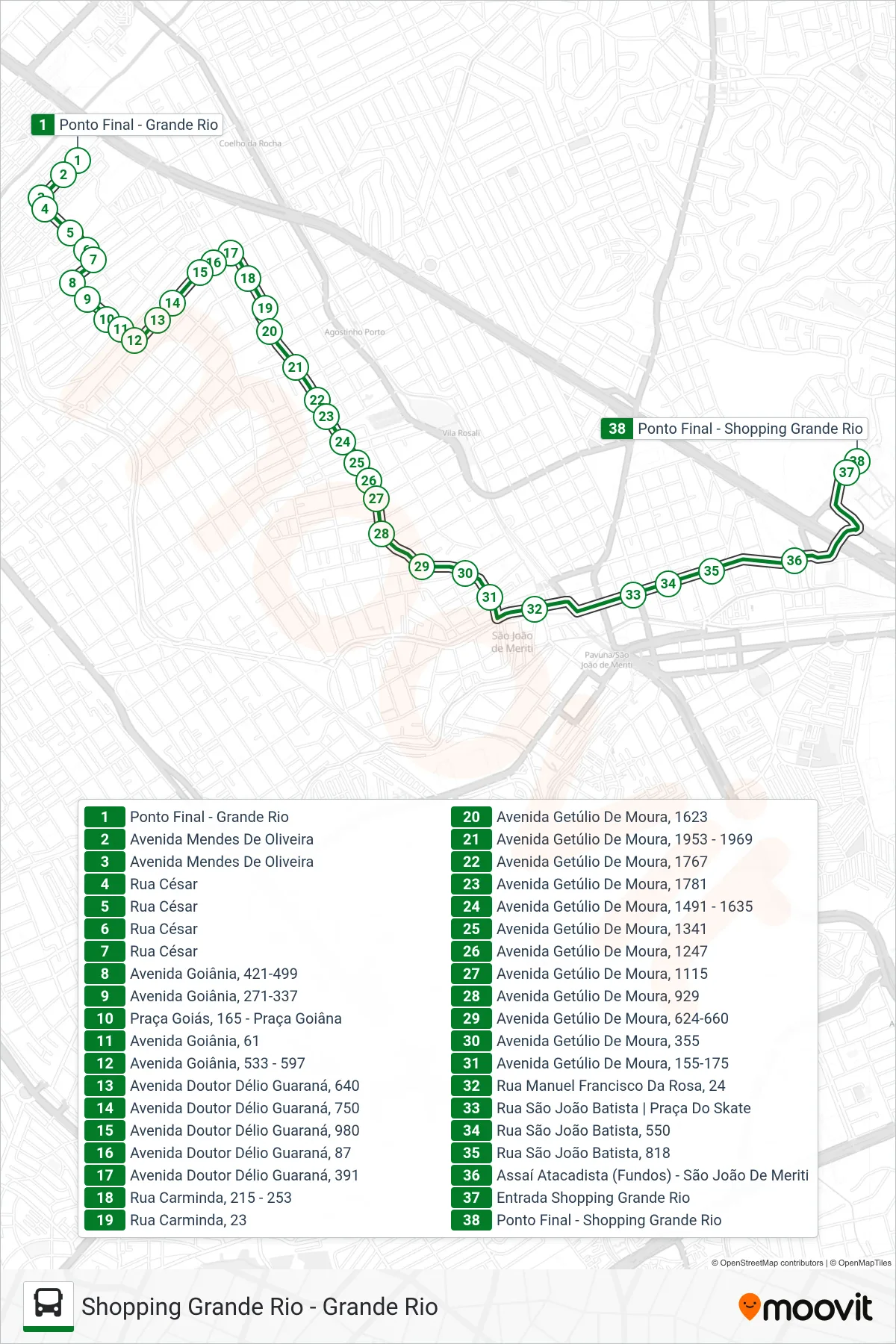 Rota e paradas da linha de ônibus 7005 (Shopping Grande Rio) no mapa