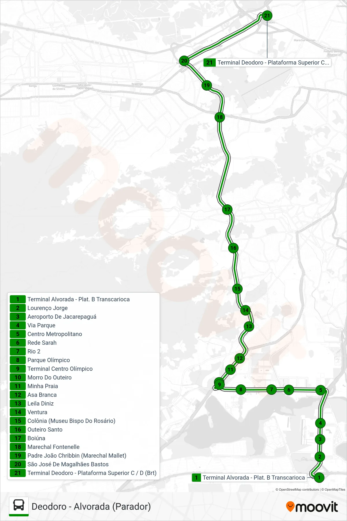 Rota e paradas da linha de ônibus 52 (Deodoro (Parador)) no mapa