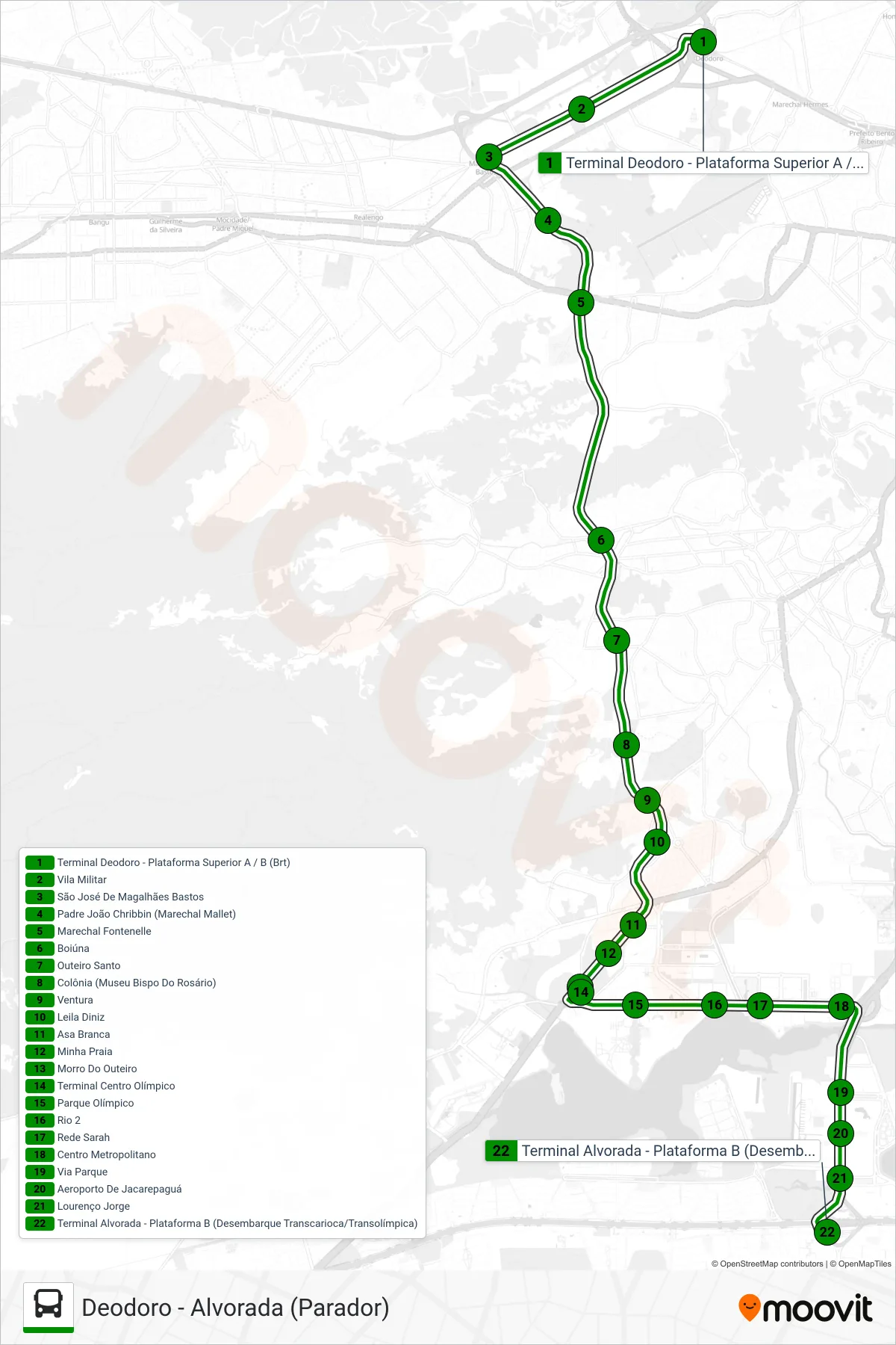 Rota e paradas da linha de ônibus 52 (Alvorada (Parador)) no mapa