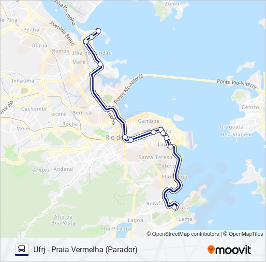 Mapa da linha UFRJ - PRAIA VERMELHA (PARADOR) de ônibus