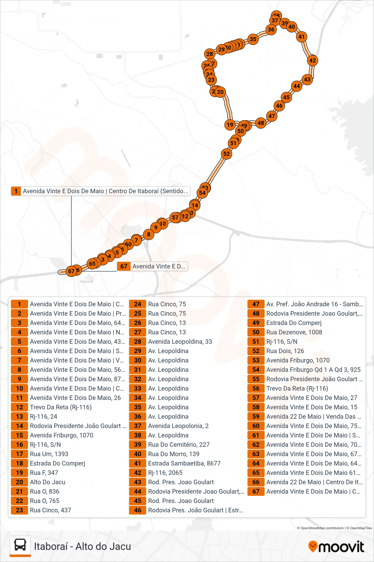 Rota e paradas da linha de ônibus 38 (Itaboraí ↔ Alto Do Jacú) no mapa