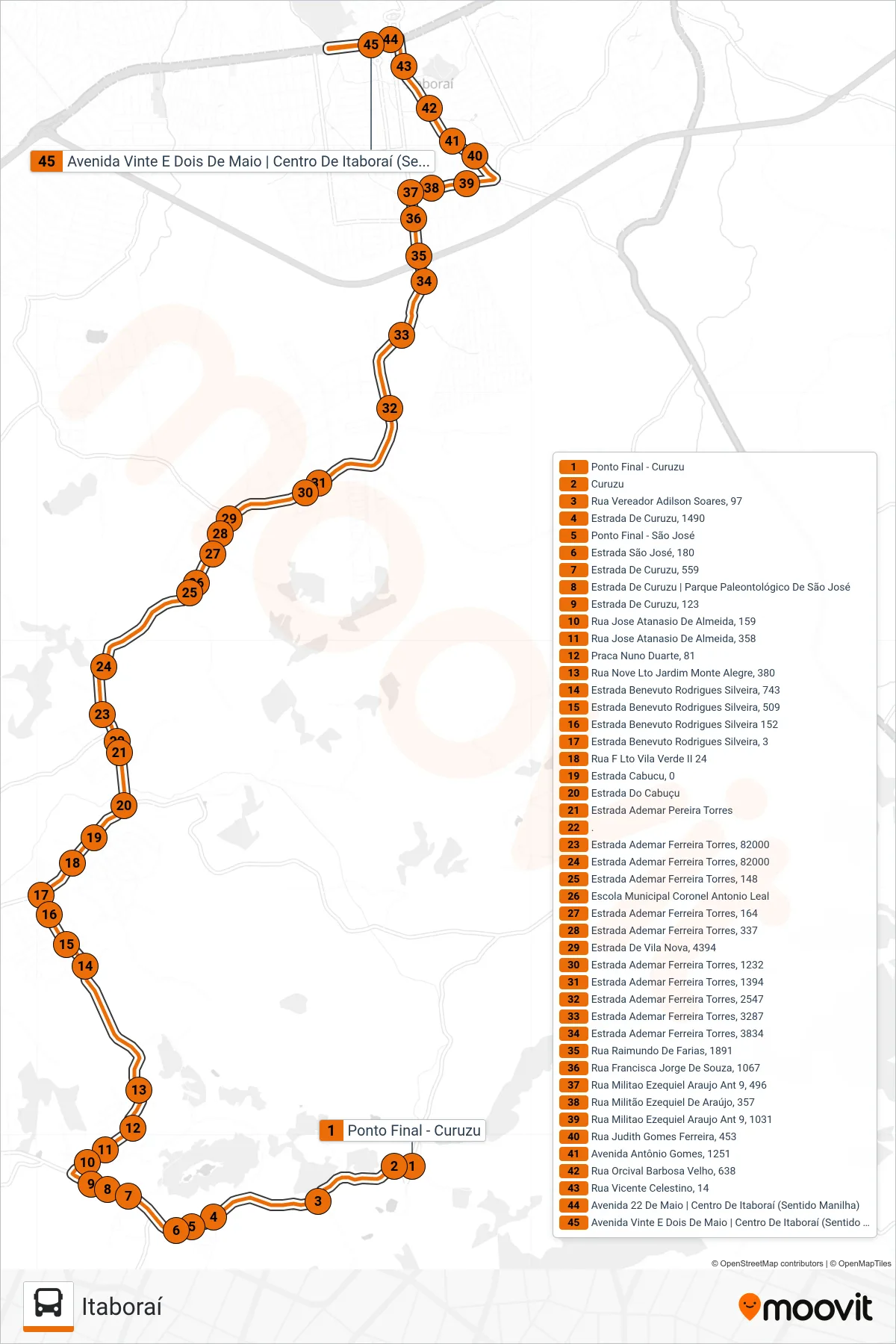 Rota e paradas da linha de ônibus 70 (Itaboraí) no mapa