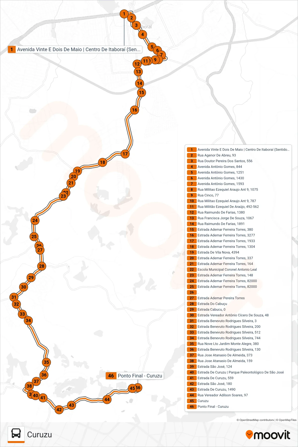 Rota e paradas da linha de ônibus 70 (Curuzu) no mapa