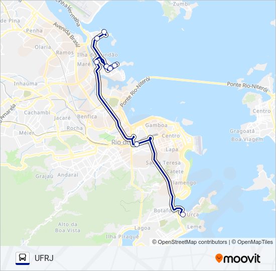 Mapa da linha UFRJ - PRAIA VERMELHA (EXPRESSO) de ônibus