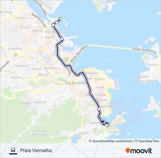 Mapa da linha UFRJ - PRAIA VERMELHA (EXPRESSO) de ônibus