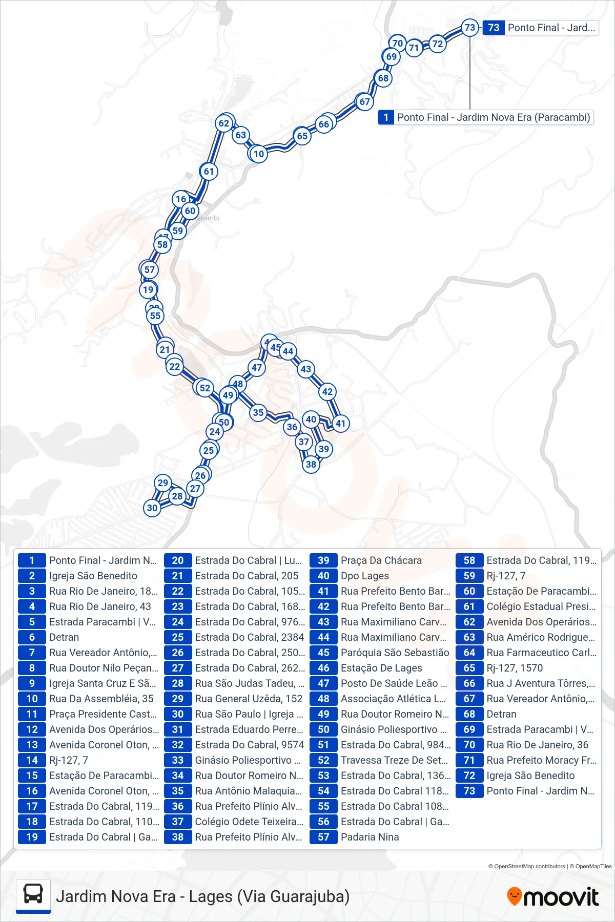 Rota e paradas da linha de ônibus 01 (Jardim Nova Era ↔ Lages) no mapa