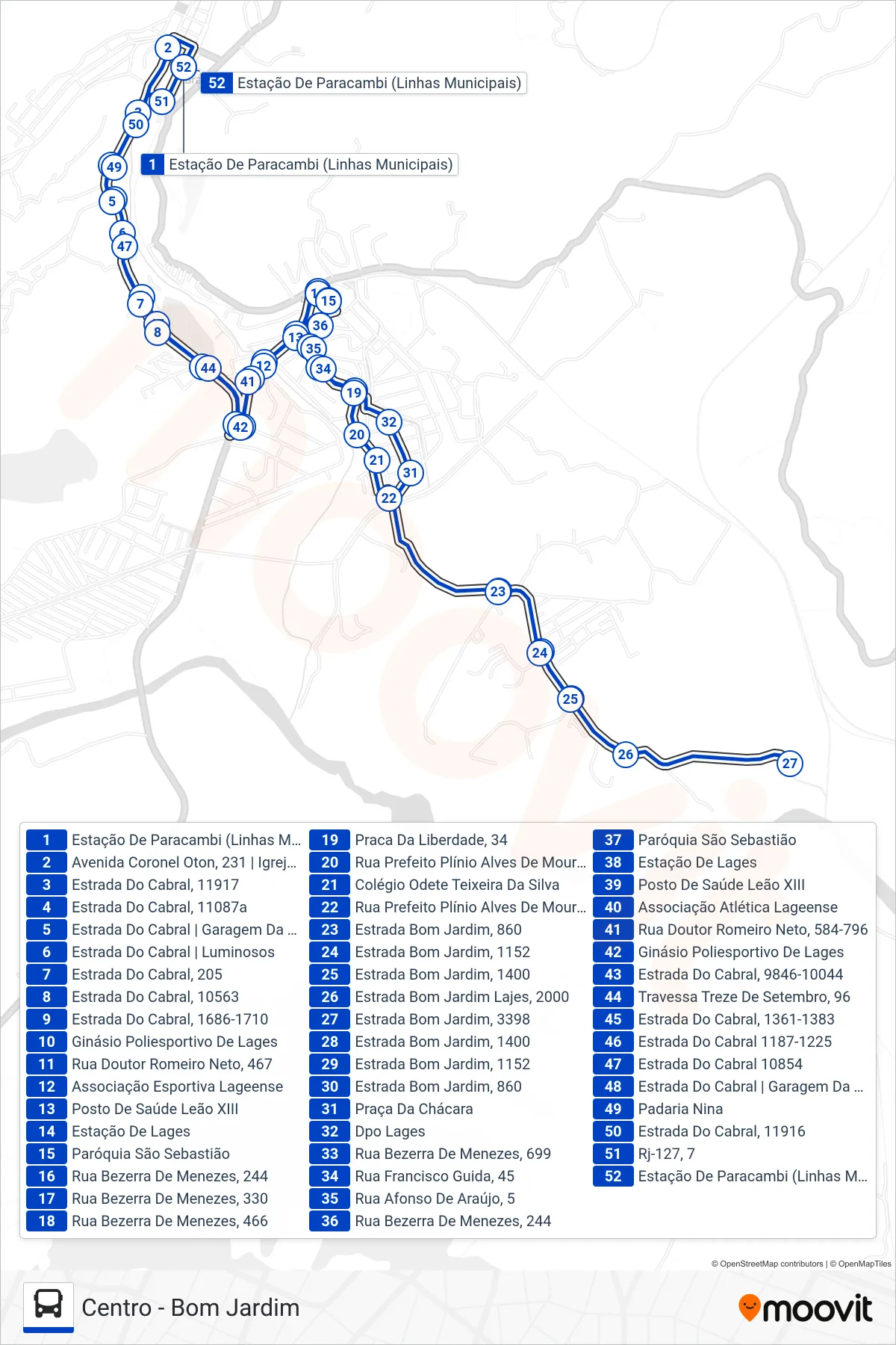 Rota e paradas da linha de ônibus 03 (Centro ↔ Bom Jardim (Via Lages)) no mapa