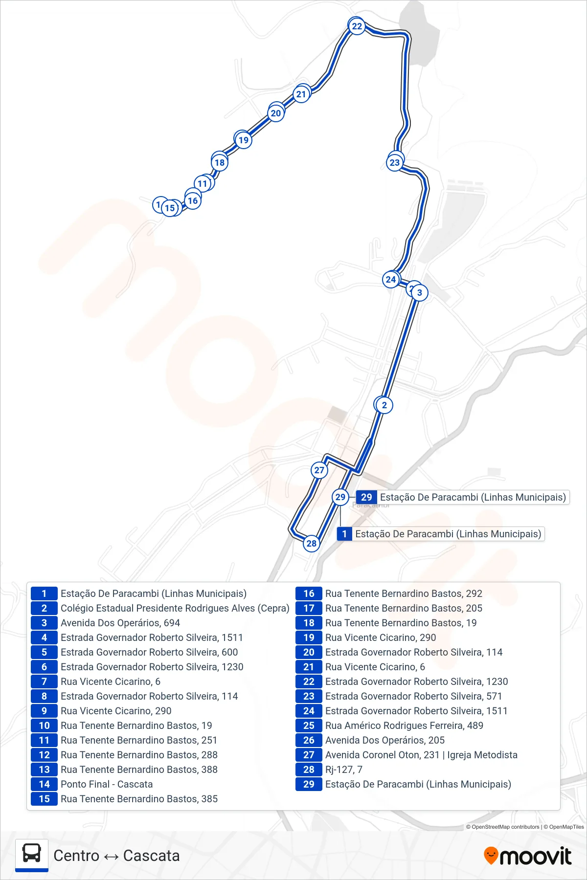 Rota e paradas da linha de ônibus 04 (Centro ↔ Cascata) no mapa