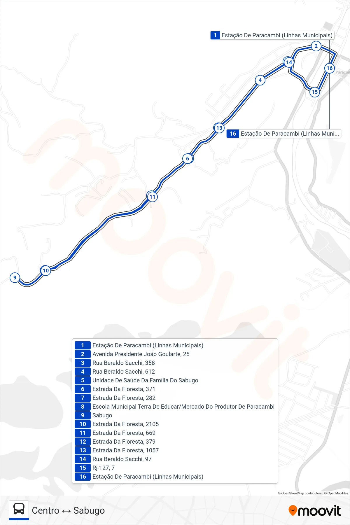 Rota e paradas da linha de ônibus 05 (Centro ↔ Sabugo) no mapa