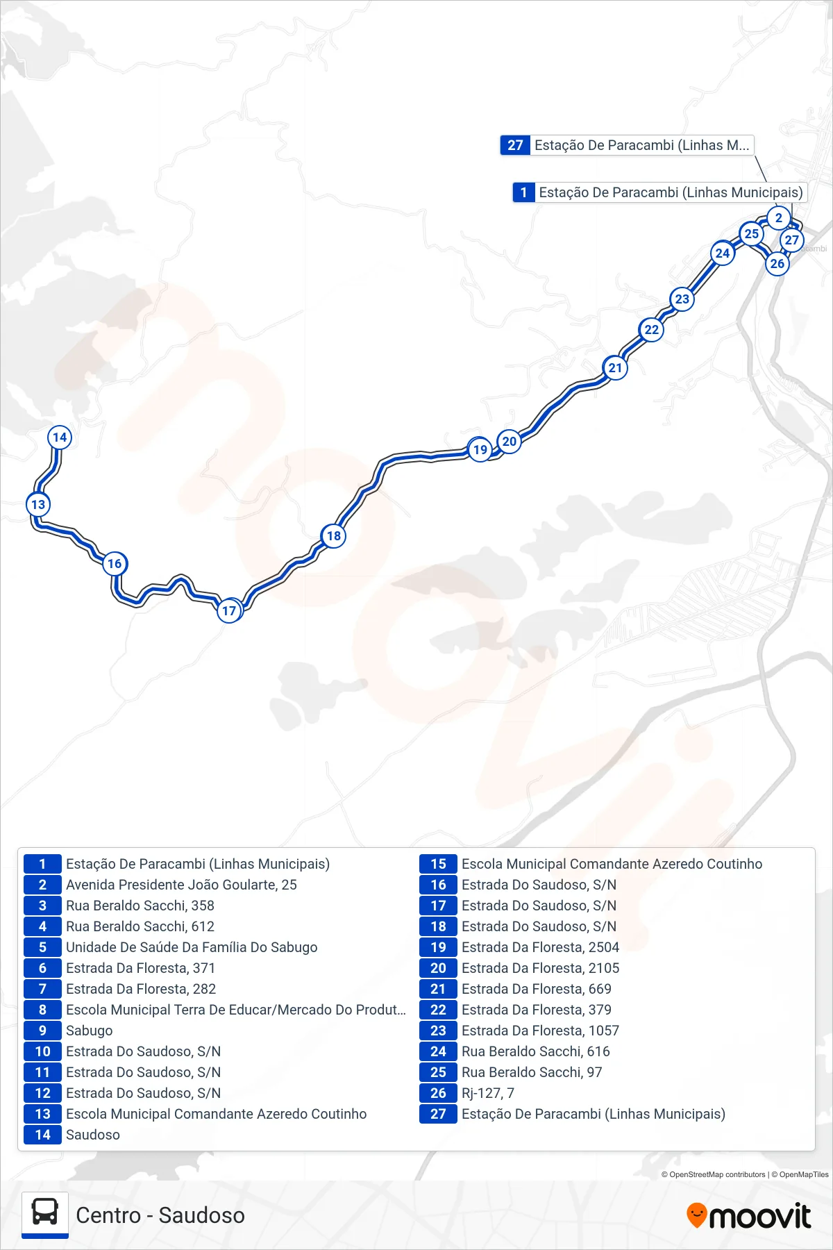 Rota e paradas da linha de ônibus 06 (Centro ↔ Saudoso) no mapa