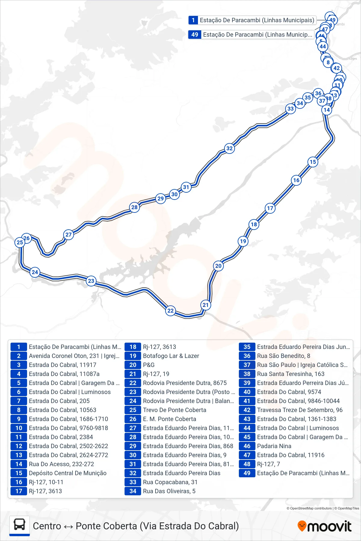 Rota e paradas da linha de ônibus 07 (Centro ↔ Ponte Coberta (Via Estrada Do Cabral)) no mapa