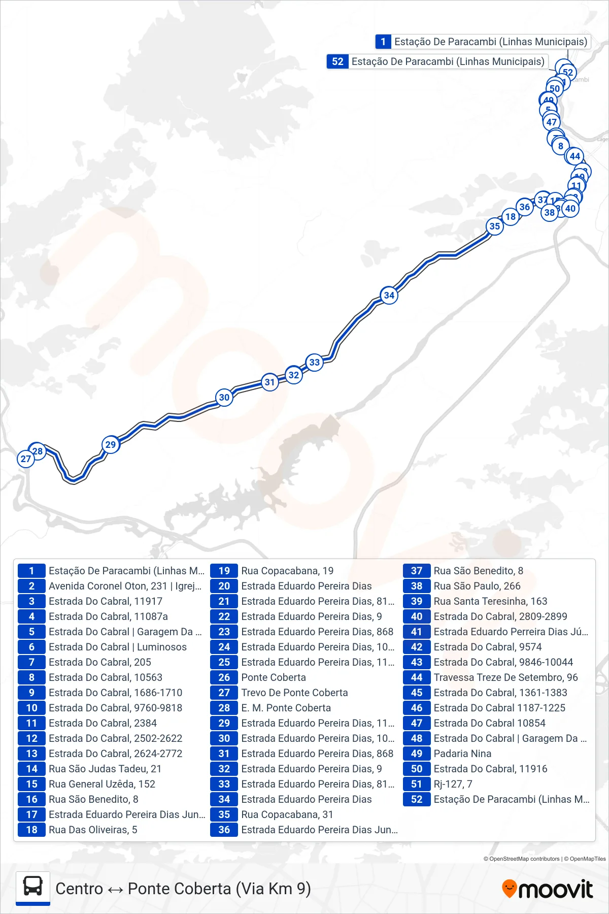 Rota e paradas da linha de ônibus 07 (Centro ↔ Ponte Coberta (Via Km 9)) no mapa