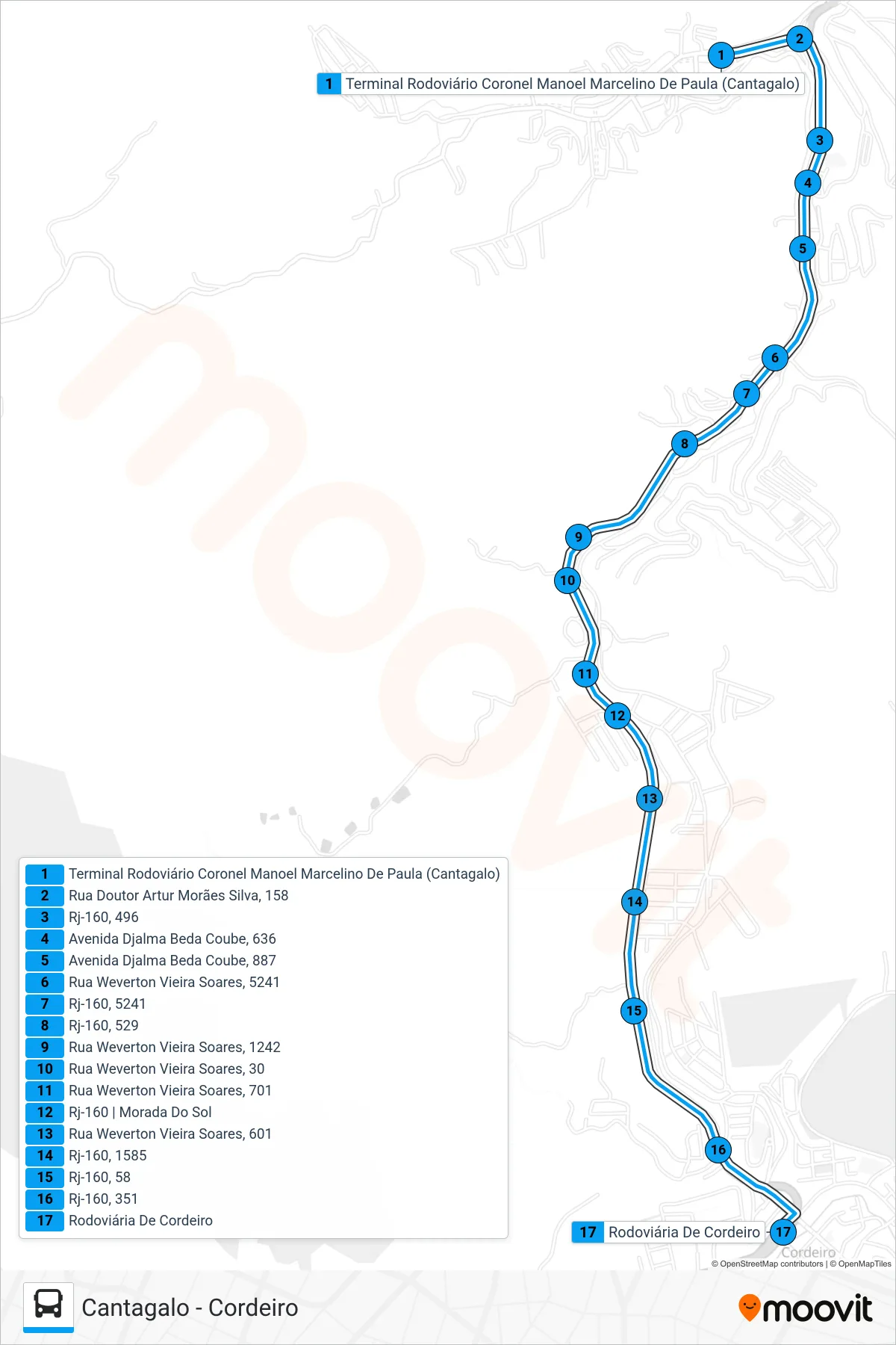 Rota e paradas da linha de ônibus S100 (Cordeiro) no mapa