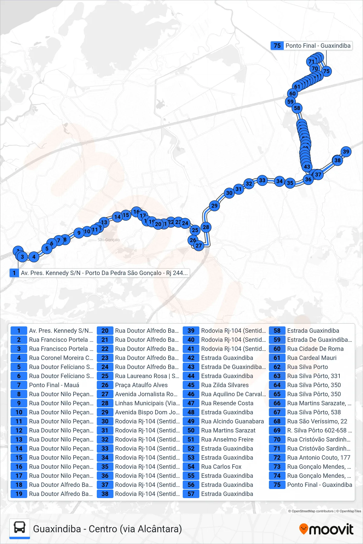 Rota e paradas da linha de ônibus 07 (Guaxindiba) no mapa