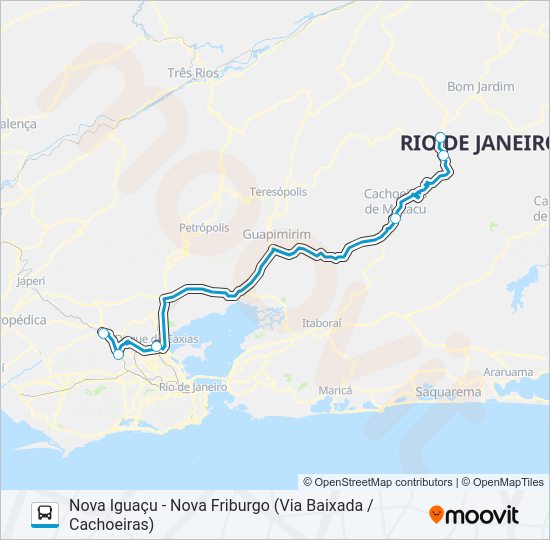 Mapa da linha NOVA IGUAÇU - NOVA FRIBURGO (VIA BAIXADA / CACHOEIRAS) de ônibus