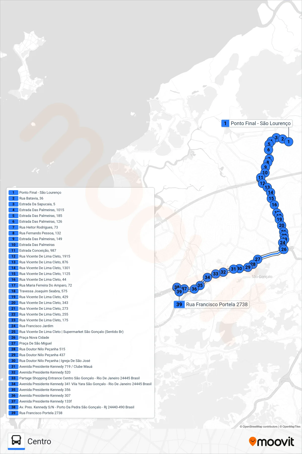 38 bus Line (Centro) route and stops on a map