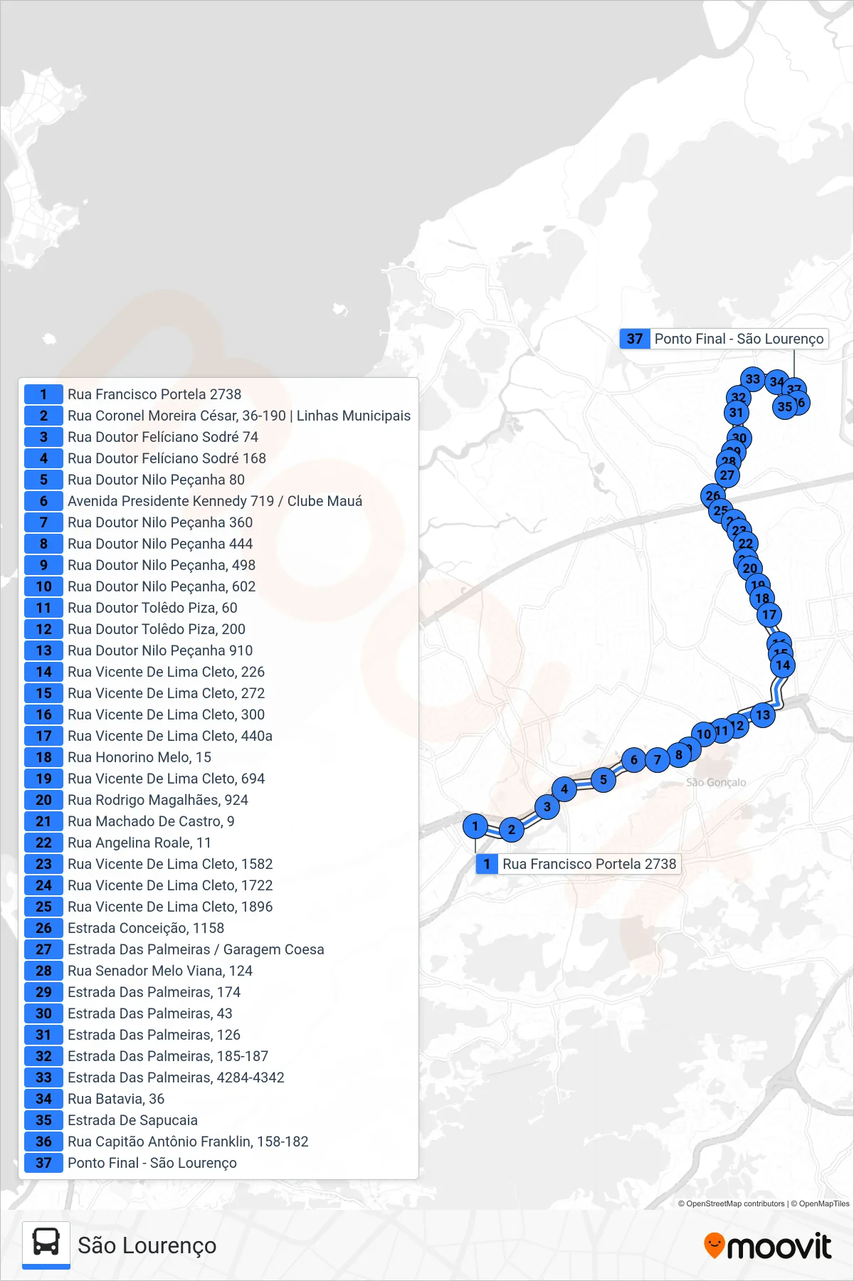 Rota e paradas da linha de ônibus 38 (São Lourenço) no mapa