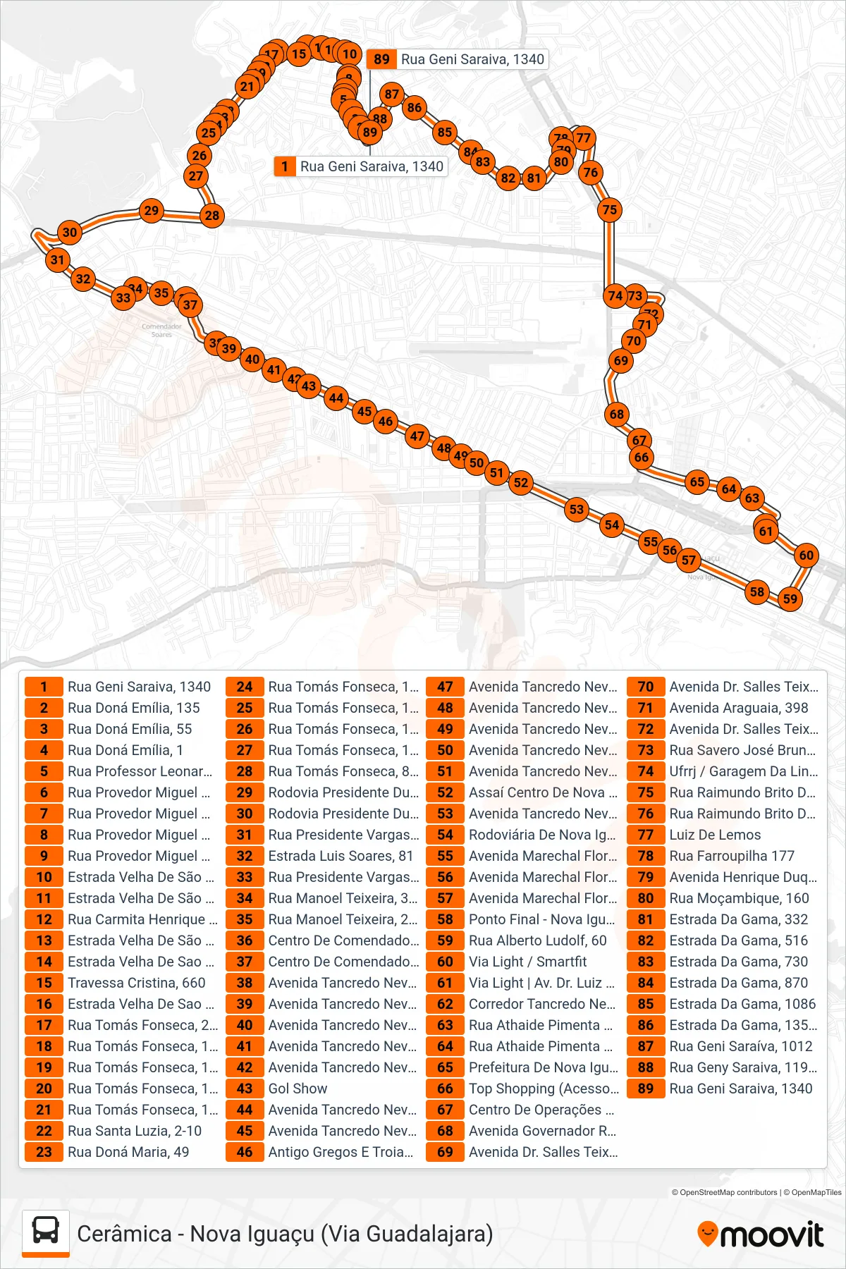 Rota e paradas da linha de ônibus 103B (Nova Iguaçu ↔ Cerâmica (Via Guadalajara)) no mapa