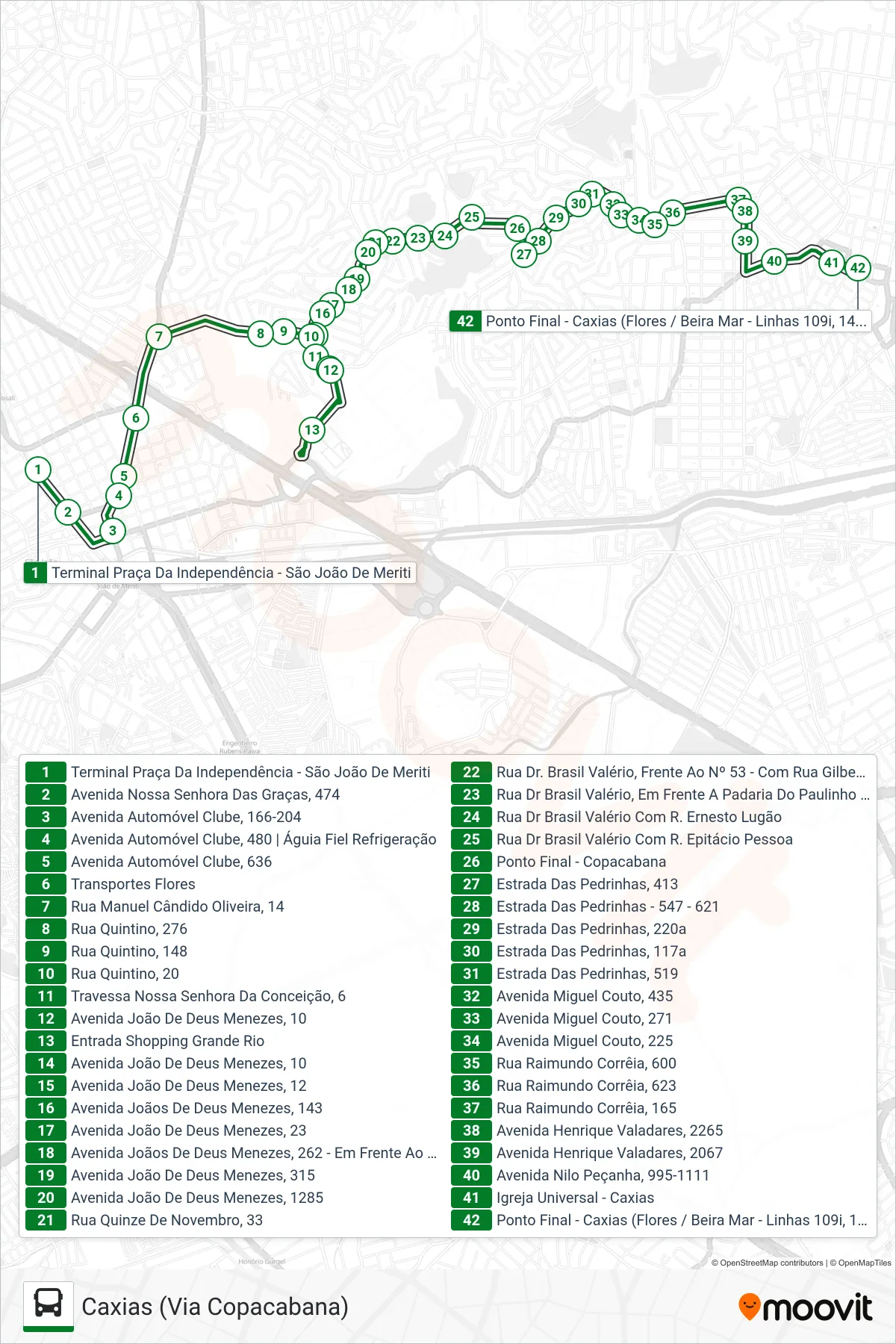 141I bus Line (Caxias (Via Copacabana)) route and stops on a map