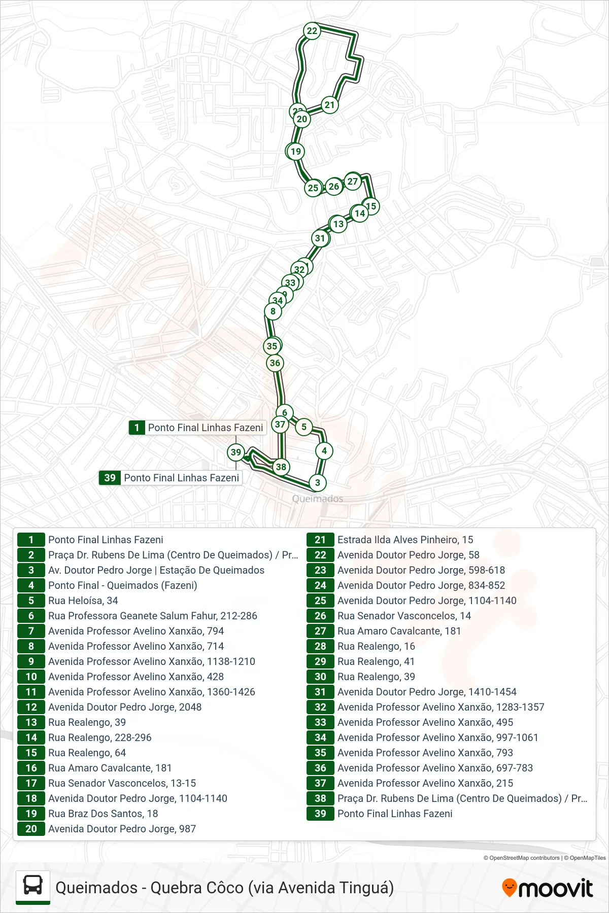 Rota e paradas da linha de ônibus 002 (Queimados ↔ Quebra Côco) no mapa