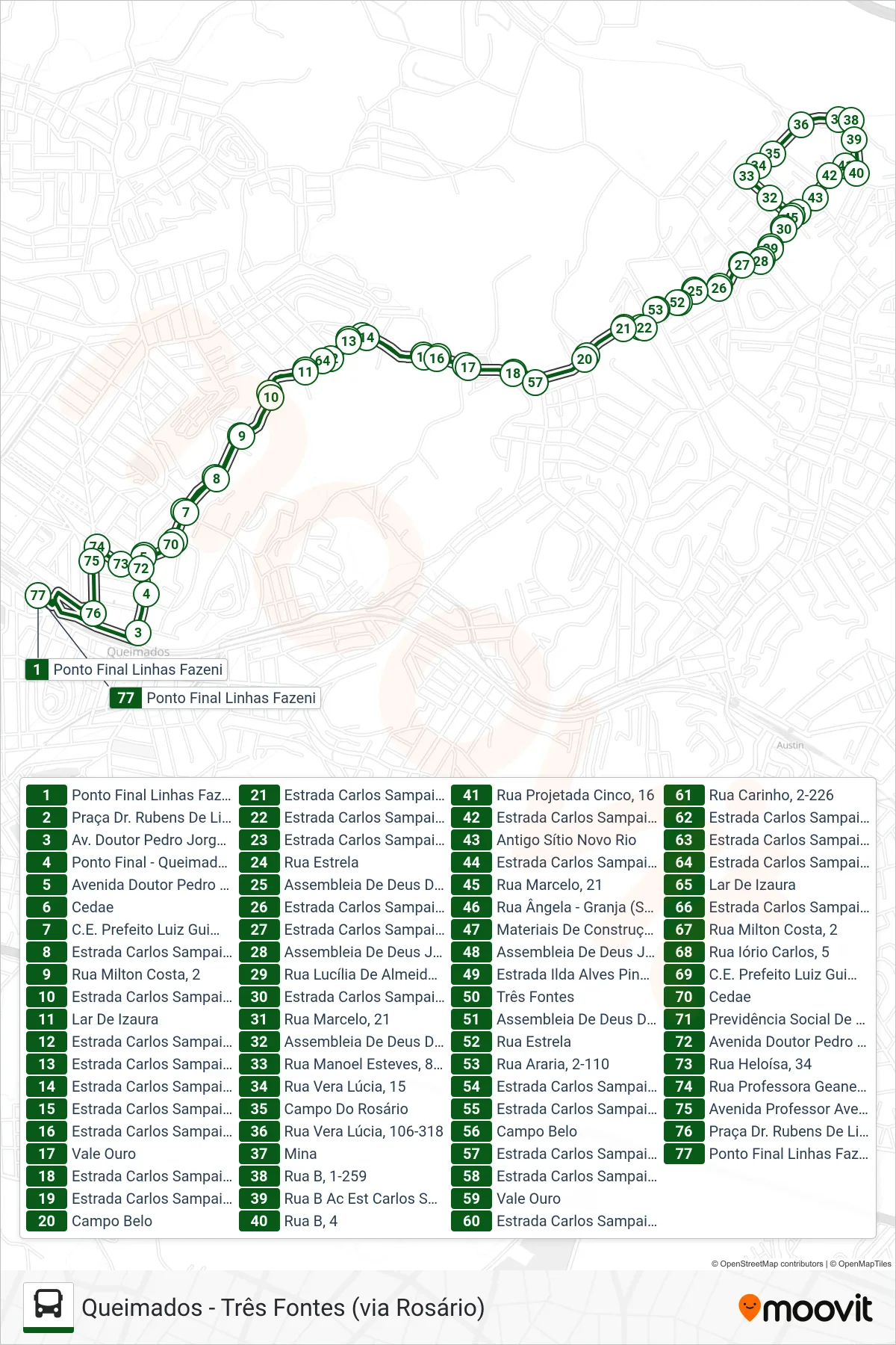 Rota e paradas da linha de ônibus 015 (Queimados ↔ Três Fontes) no mapa