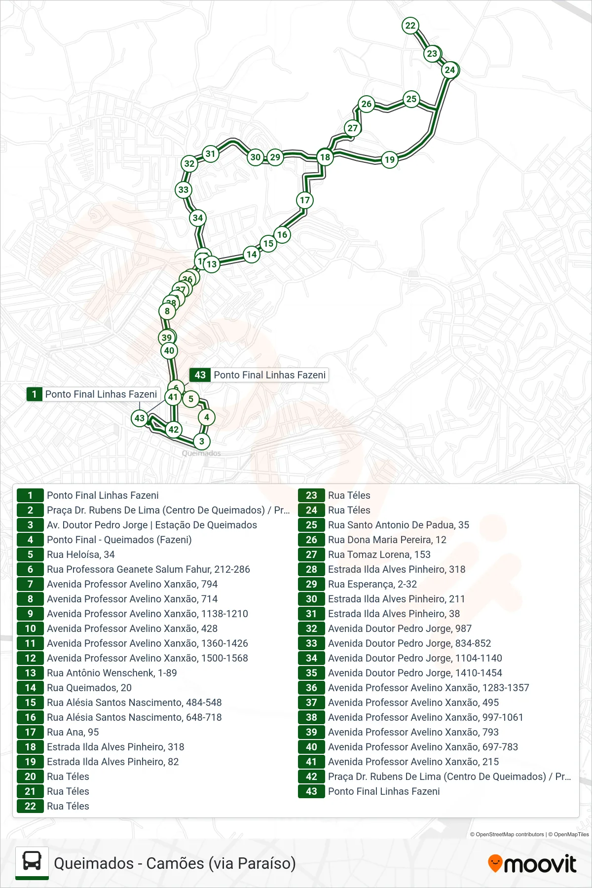 001 bus Line (Queimados ↔ Camões) route and stops on a map