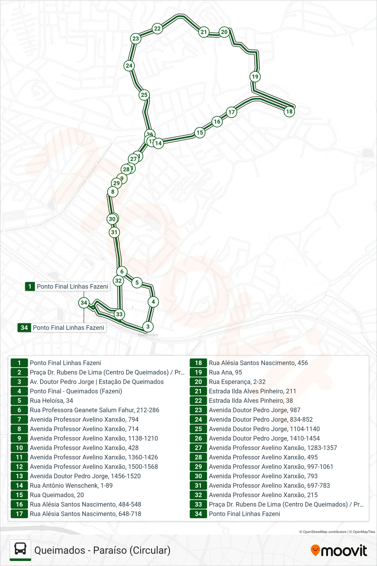 Rota e paradas da linha de ônibus 013 (Queimados ↔ Paraíso) no mapa