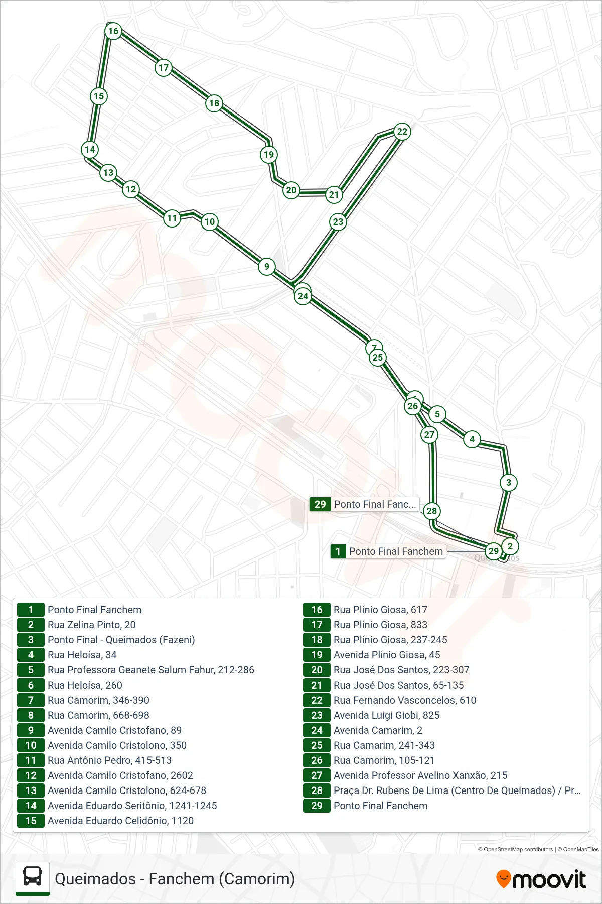 Rota e paradas da linha de ônibus 007 (Centro ↔ Fanchem (Via 55DP)) no mapa