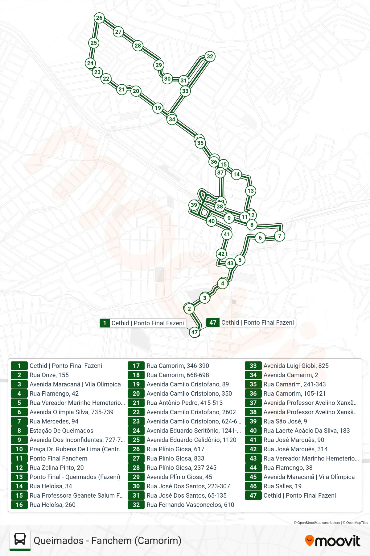 Rota e paradas da linha de ônibus 007 (Cethid ↔ Fanchem (Direto)) no mapa