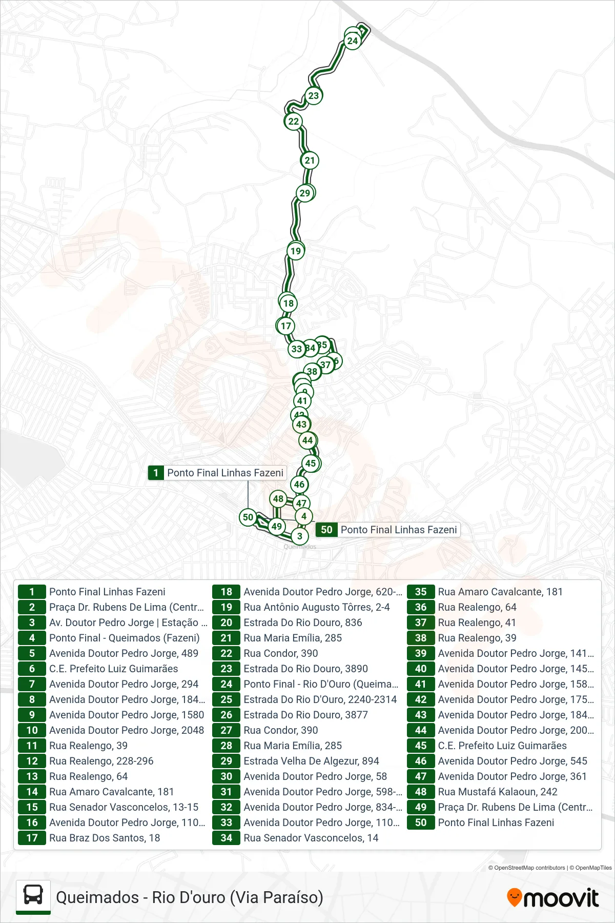 Rota e paradas da linha de ônibus 004 (Queimados ↔ Rio D'Ouro) no mapa