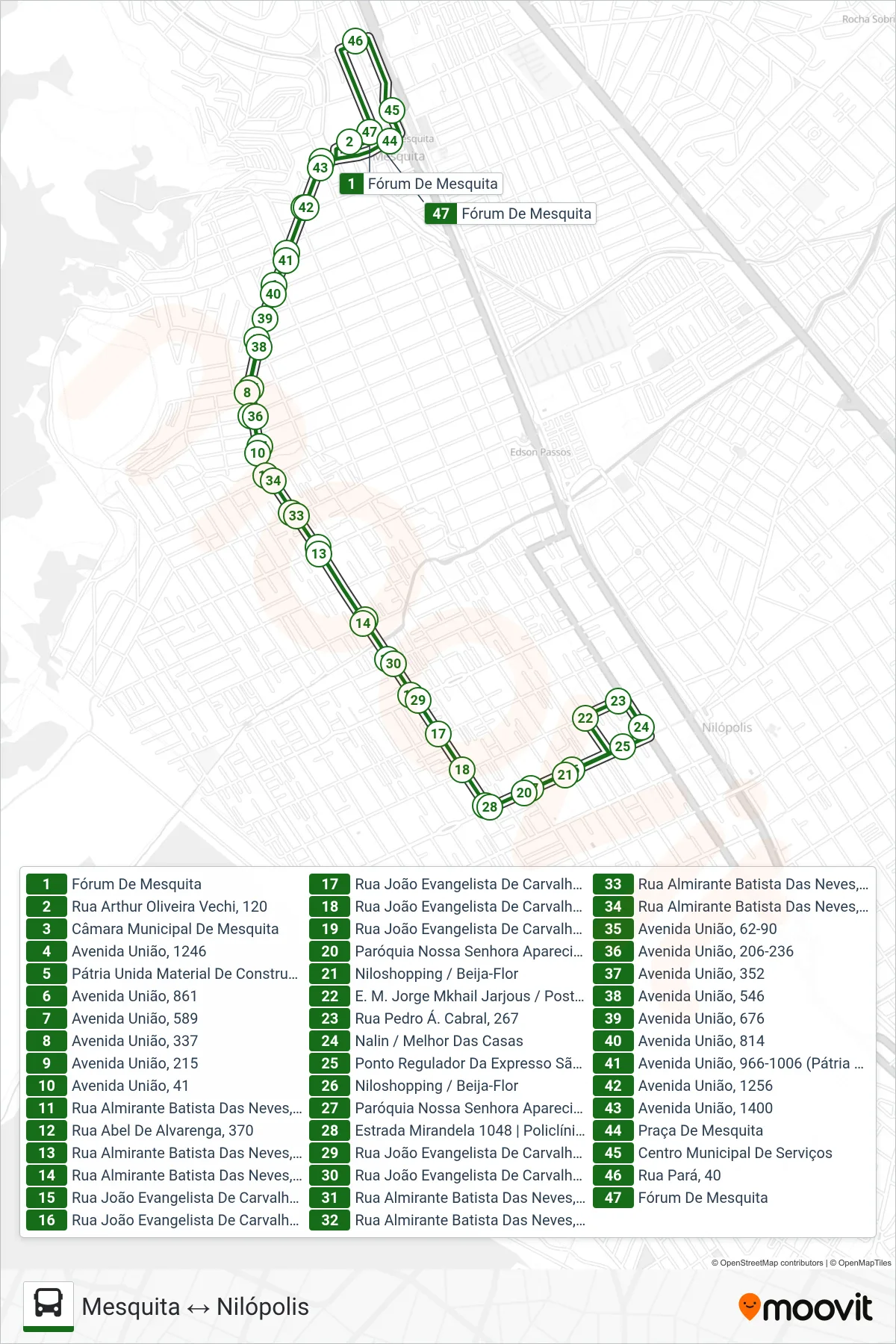 439 bus Line (Mesquita ↔ Nilópolis) route and stops on a map